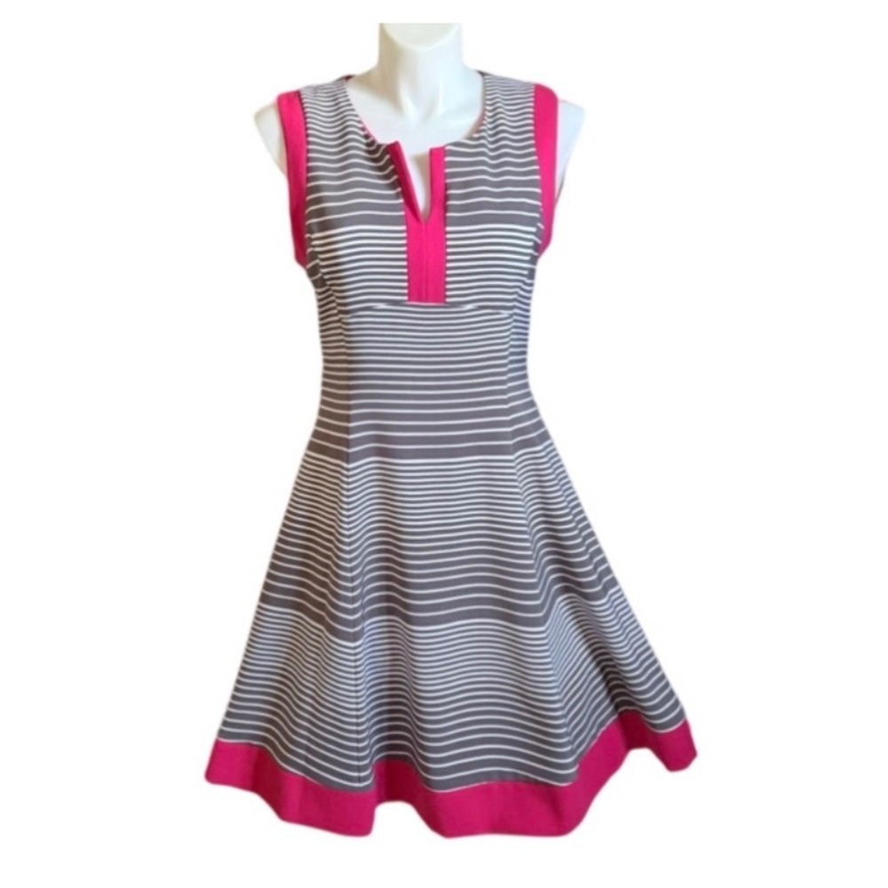 Bethany Striped Fit and Flare Dress Grey Pink White Sleeveless Size 14